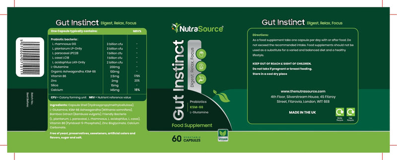 Gut Instinct GABA Probiotic for Stress, Mood & Gut Health | Gut-Brain Axis Complex with KSM-66 Ashwagandha, L-Glutamine & Calcium | High Strength Vegan Capsules, UK Made, 60 Count