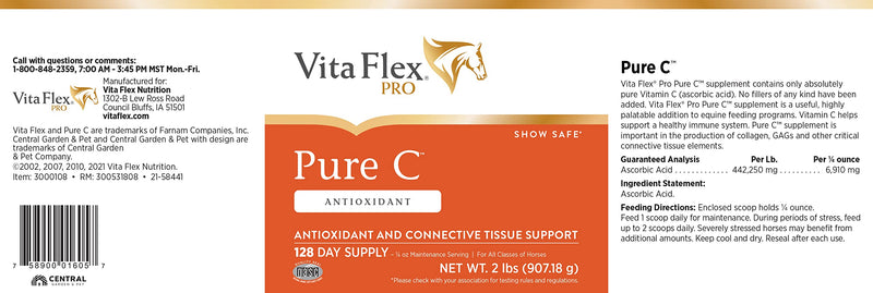 Vita Flex Pro Pure C Antioxidant Supplement, 2 lb, 128-Day Supply | Premium Quality Horse Vitamin C Supplement, Collagen Support for Horses, Antioxidant and Connective Tissue Support