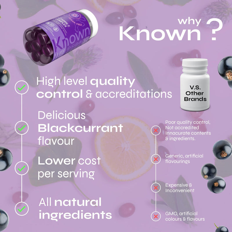 Known Kids Vitamin C Complex Gummies - Sugar-Free, Vitamin C & Zinc - Immune Support - Natural Blackcurrant Flavour - 30 Vegan Gummies, 1 Month Supply