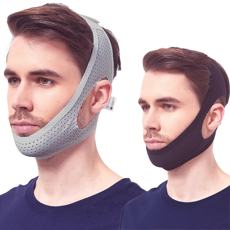 [Australia] - Chin Strap for Cpap Users, 2 Pack Black & Grey Comfortable Mesh Anti Snoring Chin Straps for Men Women, Upgraded Adjustable Cpap Chin Strap to Keep Mouth Closed While Sleeping(2 Pack), Medium Grey Black 