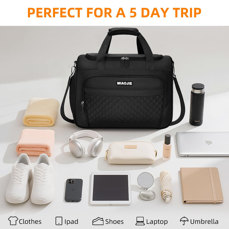 Travel Duffle Bag for Women, Underseat Carry On luggage Bag Foldable Overnight Weekender Hospital Bag Lightweight Airplanes Personal Item Travel Tote Bag for Women Birthday Gifts, 16IN Black