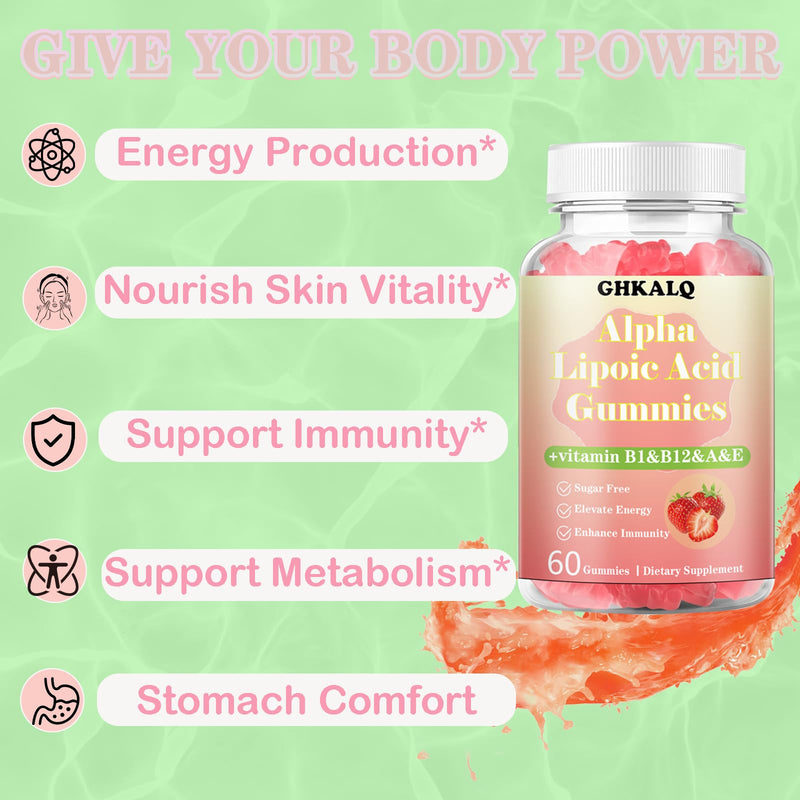 Alpha Lipoic Acid Gummies 1000Mg with Vitamin B1,B12&A,E,Provide Energy | Enhance Immunity,Liposomal High Absorption,Sugar Free,Strawberry Flavor,60 Gummies