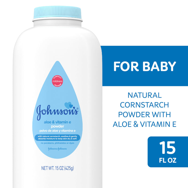 Johnson's Baby Powder with Cornstarch, Aloe & Vitamin E, 15 oz | Hypoallergenic, No Added Parabens & Dyes, Designed for Delicate Skin, For Babies, Kids, & Adults 15 Ounce (Pack of 1)