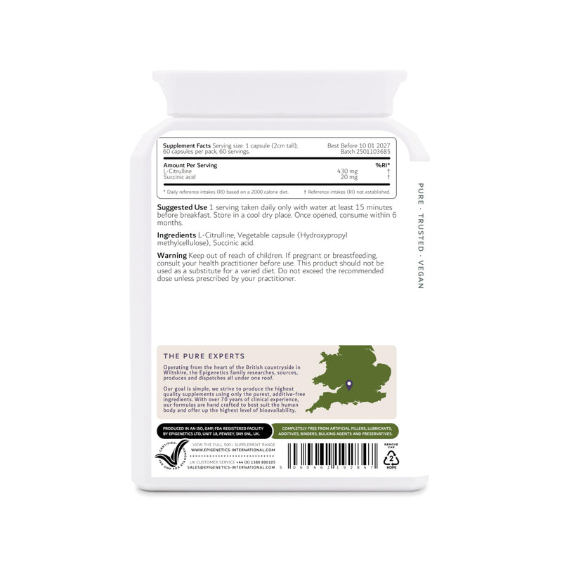 Citrulline SA | 430mg L-Citrulline Amino Acid + Succinic Acid Natural Antioxidant | 60 Vegan Friendly Capsules UK Made | 1 Capsule Daily (2 Month Supply)