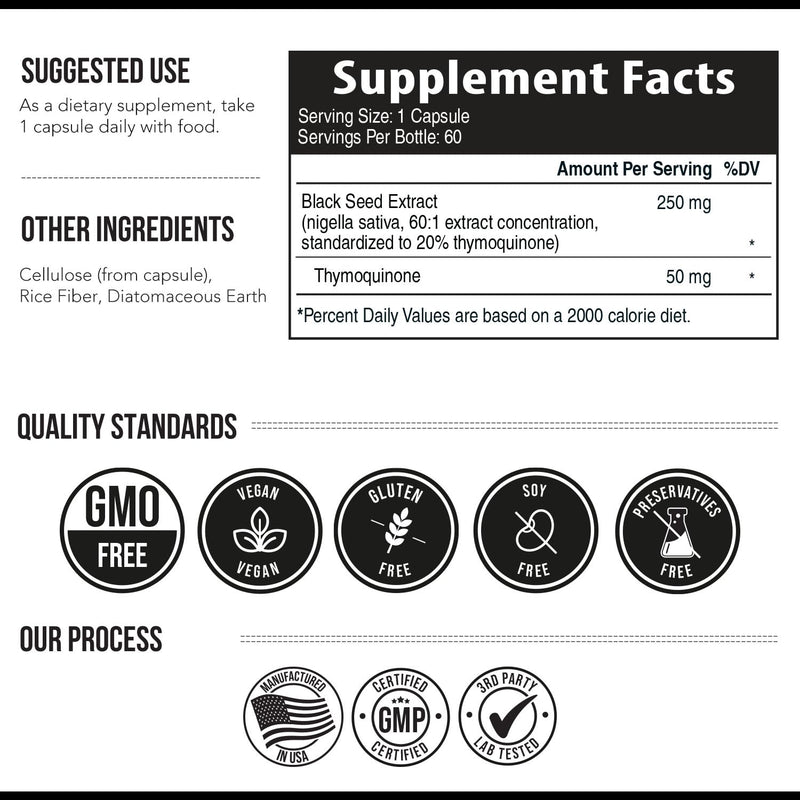 [Australia] - 20% Thymoquinone Black Seed Oil Extract Capsules - TQ-Advanced 4X®: Highest Thymoquinone Concentration Available - 60:1 Concentrate from Nigella Sativa, Raw Form, Vegan, Glass Bottle (60 Capsules) 50 MG (TQ) 