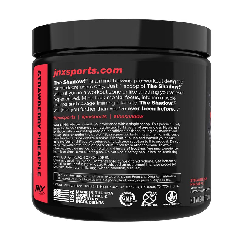 JNX Sports The Shadow! 350mg of Caffeine Hard Core Preworkout - Strawberry Pineapple 30 Servings | Electric Energy, Mental Focus & Superhuman Strength for Men & Women 30 Servings (Pack of 1)