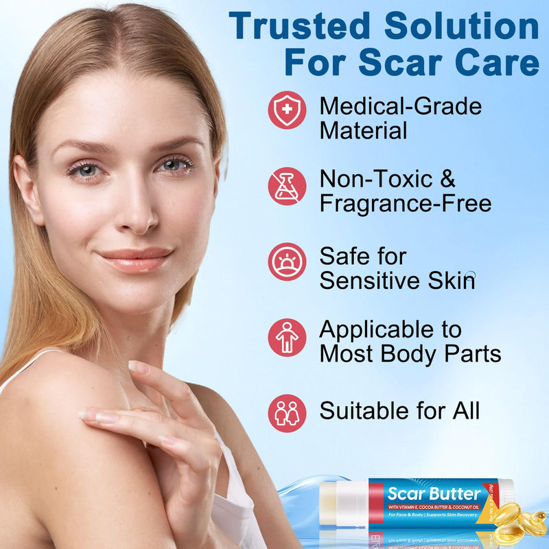 Scar Butter Stick for Scar, 100% Cocoa Butter with Vitamin E & Coconut Oil | Cocoa Butter Sticks Fade Scars, Stretch Marks, for Dry Face, Lip & Body, Non-Greasy, Portable Stick/swivel Applicator 1pc