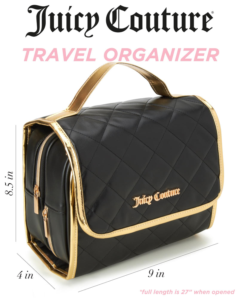 Juicy Couture Black Makeup Bag Cosmetics Organizer Travel Essentials Hanging Hook Faux Quilted Leather Gold Trim