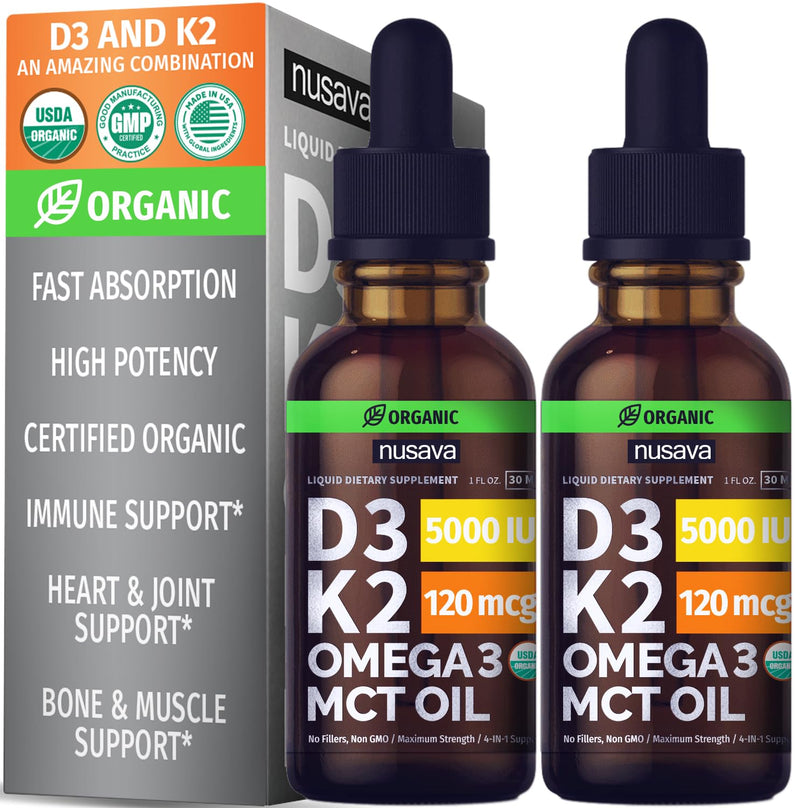 NUSAVA Vitamin B12 Liquid Drops and Unflavored D3 K2 Bundle — Daily Wellness Liquid Vitamins for Energy & Immune Support — Non-GMO, Gluten-Free, 2pk Each