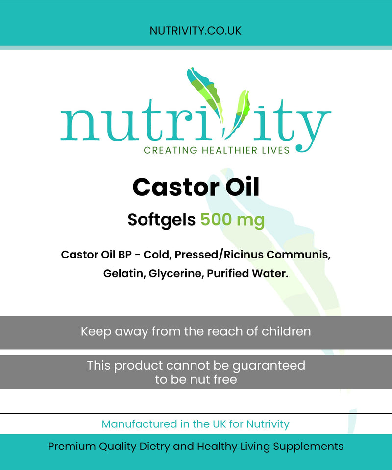 Castor Oil 500mg Soft Gels | Intestinal Help | Constipation Relief | Healthy Hair & Skin | Halal | 4 Months Supply | Made in The UK to GMP Standards by Nutrivity (120) 120 count (Pack of 1)