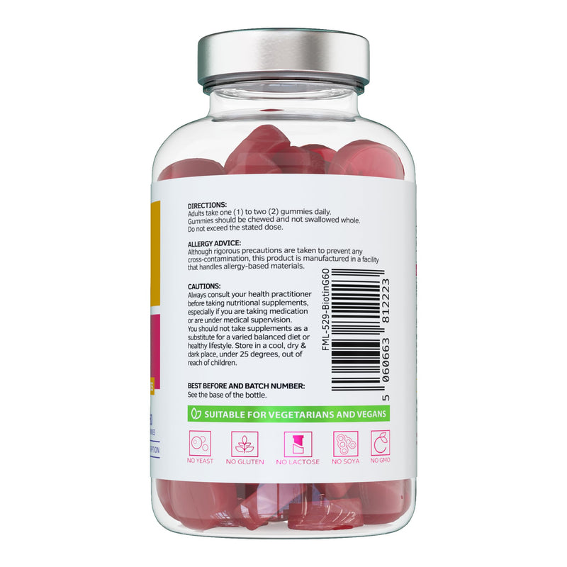 Biotin Gummies 10,000mcg – 60 Vegan Vitamins - Natural Strawberry Flavoured Two Yummy Gummy Daily Dose - Supports Normal Skin & Hair Growth - Chewable - No Artificial Sweeteners – UK Made