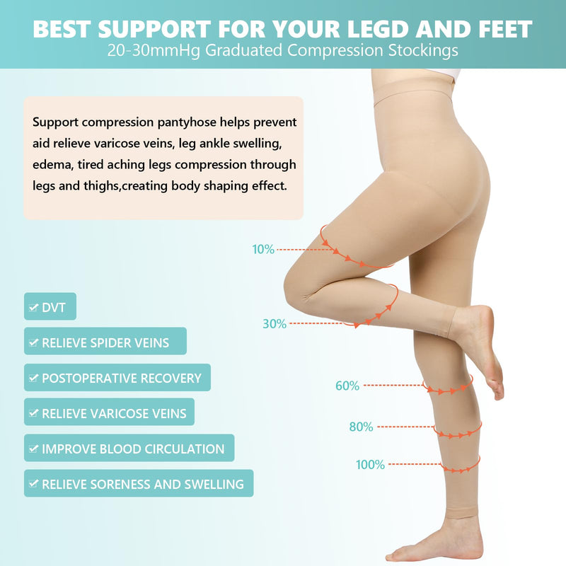 [Australia] - Compression Pantyhose for Women, 20-30 mmHg Footless Medical Compression Stockings, Waist High Opaque Graduated Support Compression Hose Tights for Edema, Varicose Veins, Swelling Beige Large 