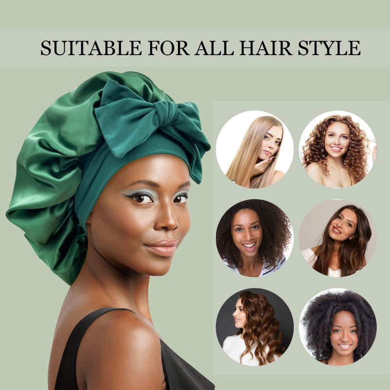 [Australia] - Satin Silk Hair Bonnet for Sleeping Large Bonnets with Tie Band Hair Wrap with Adjustable Straps Hair Cap Night Sleep Caps for Women Curly Braid Hair Hunter Green 