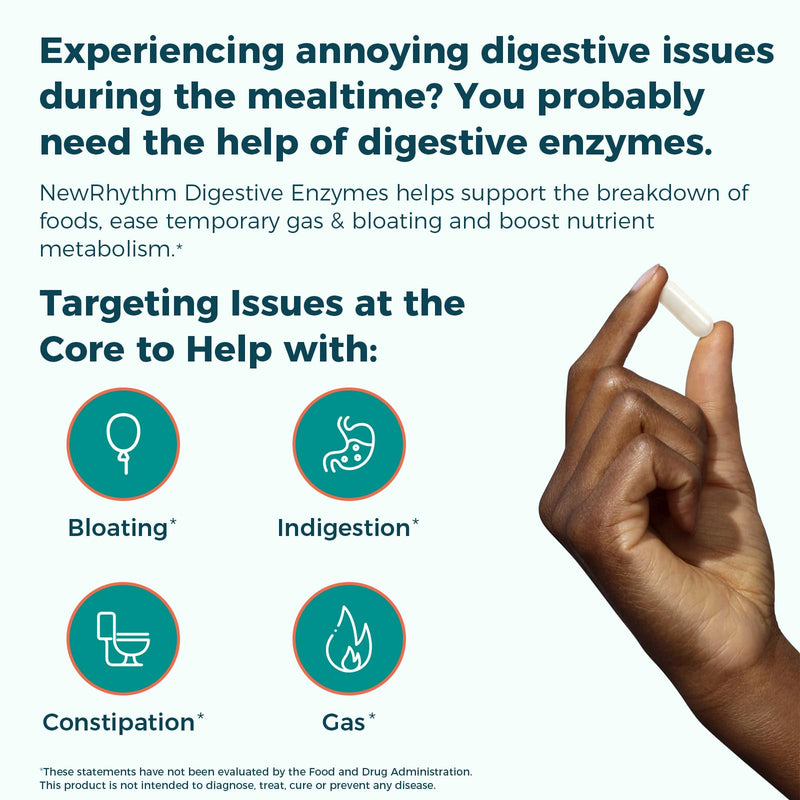 [Australia] - NewRhythm Digestive Enzymes 245 mg, with Probiotics and Prebiotics, Plant Based, 7 Key Enzymes, Digestion, Nutrient Absorption, Protease Amylase & Lipase, 60 Vegan Capsules 