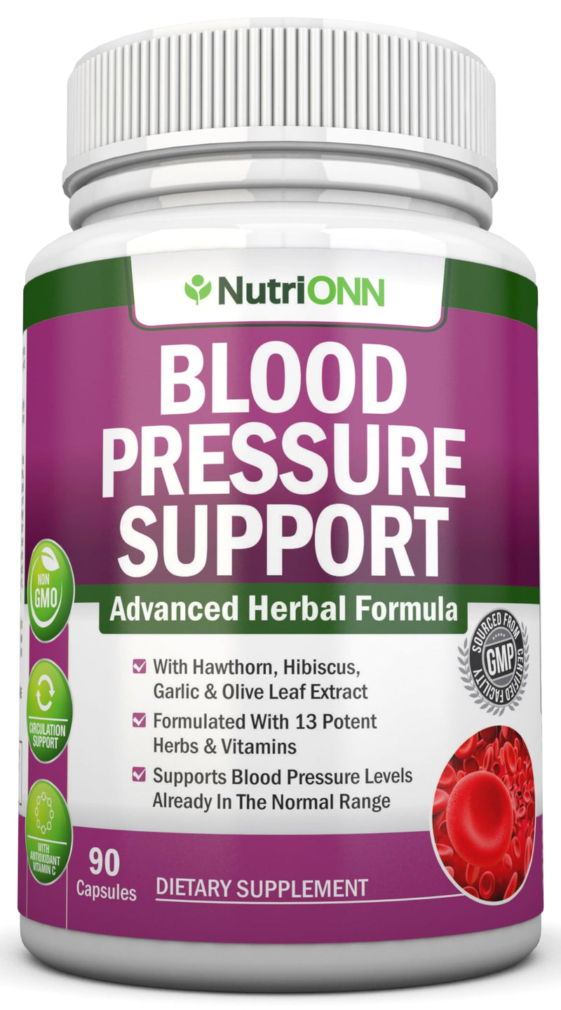 [Australia] - Blood Pressure Support Supplement - 13 Herbs & Vitamins - with Hawthorn, Hibiscus, Garlic & Olive Leaf Extract - Natural Supplement for Women & Men - High Strength Capsules - Non-GMO - 90 Day Supply 