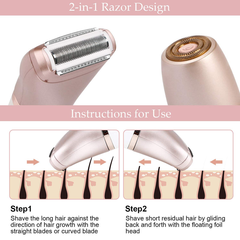 [Australia] - Electric Razors for Women - Painless 2-in-1 Shaver for Women Hair Remover for Face, Legs and Underarm Wet & Dry, Portable Bikini Trimmer, Lady Hair Removal with 2 Trimmer Heads- Micro USB Recharge 