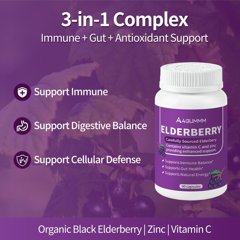 Organic Black Elderberry Capsules,Support Immune & Digestive Wellness | 3-in-1 Gut Support Complex with Zinc & Vitamin C,Non-GMO,Gluten Free,90 Capsules