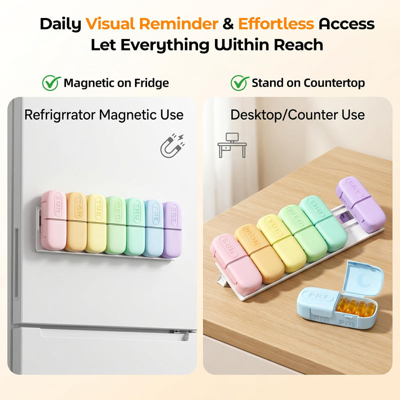 Magnetic Weekly Pill Organizer 2 Times a Day, Large AM PM Pill Box 7 Day | Travel Pill Case, Magnets and Stand, Removable Daily Medicine Container for Medication, Vitamin and Supplement, Macaron