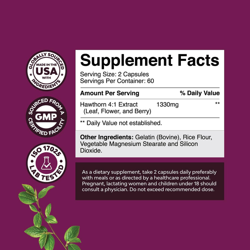 [Australia] - Extra Strength Hawthorn Extract Capsules - 1330mg Digestion and Heart Health Supplement - Non-GMO Hawthorn Extract Plant Polyphenols for Men and Women, 60 Servings 120 Count (Pack of 1) 