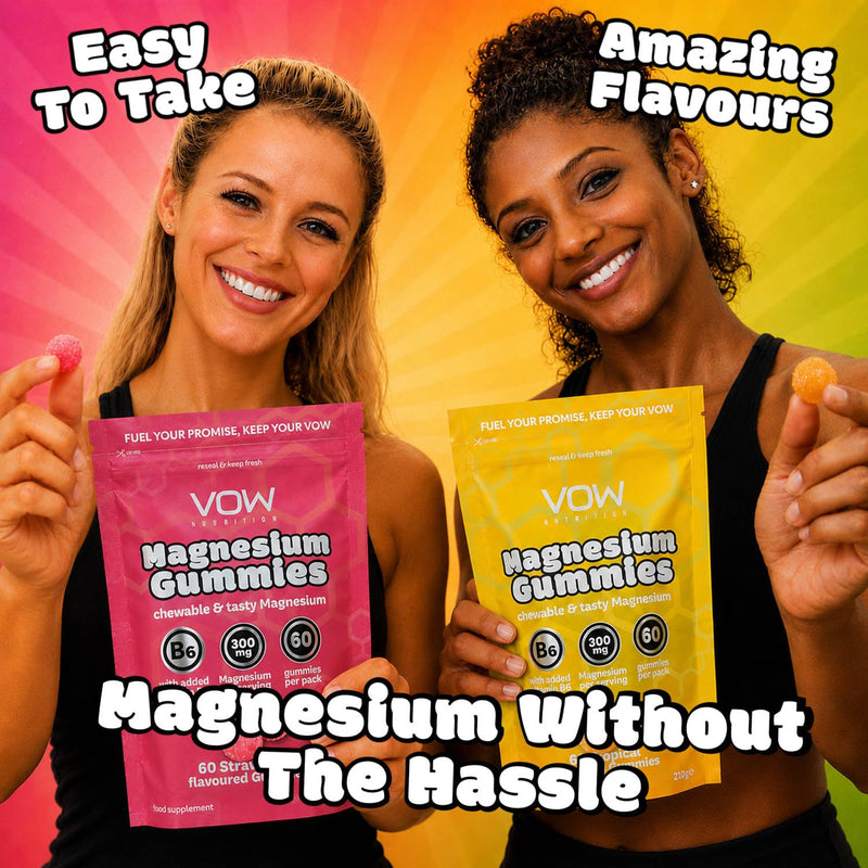 VOW Nutrition Magnesium Citrate Gummies, 300mg with Vitamin B6, Energy & Muscle Support, 60 Gummies, Tropical & Strawberry Flavours (Strawberry)