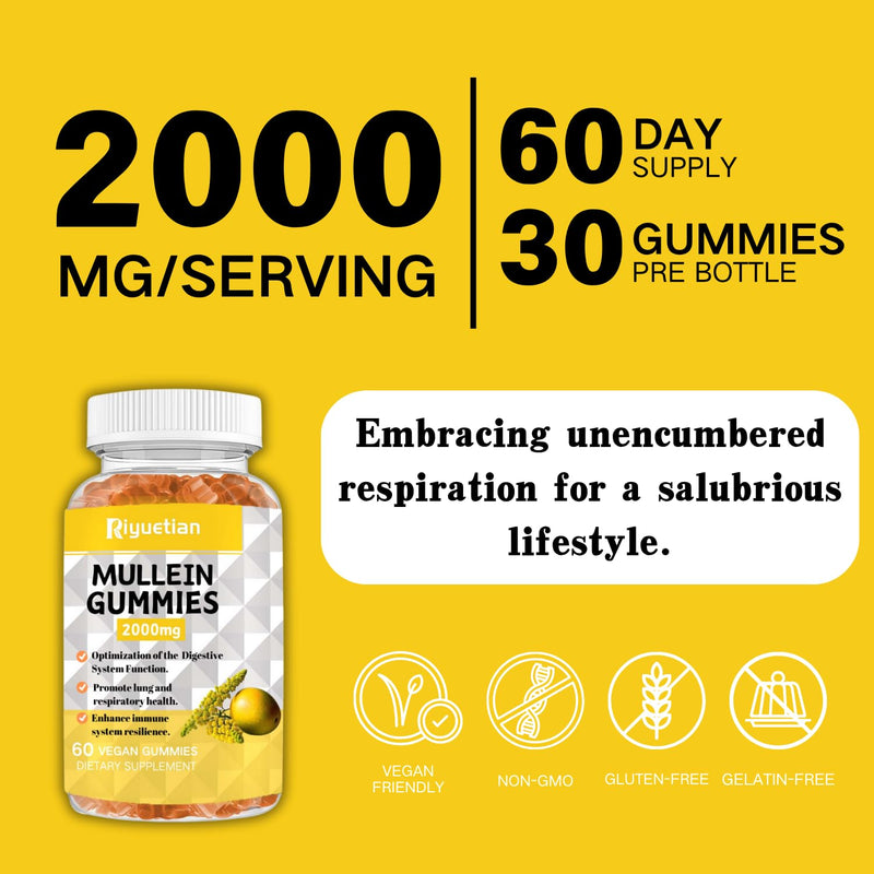 Mullein Gummies, 2000mg Organic Mullein Leaf Extract with Quercetin, Bromelain & Vitamin D3, Mullein Leaf Extract for Respiratory, Natural Lung Cleanse, Improve Appetite, Vegan, Non-GMO, 2 Pack 60 Count (Pack of 2)