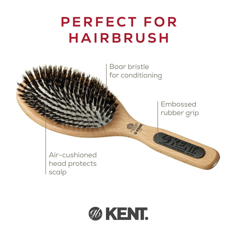 Kent PF07 Extra-Large 100% Boar Bristle and Non-Scratch Nylon Mix Cushion Brush - Wooden Detangling and Oval Smoothing Paddle Brush for Thin Hair - Made in England