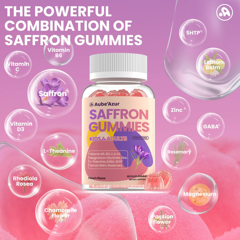 Saffron Gummies for Kids, Nerve & Focus Support, Saffron Supplements,60 Ct | 15-in-1 fomula with B6, B12, C, D3, Magnesium Glycinate, Zinc for Rest. Sugar Free, Peach Flavor. Vegan, Non- GMO