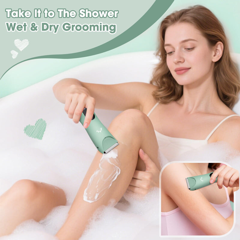 [Australia] - Bikini Trimmer for Women, Painless Pubic Hair Trimmer for Armpit Leg Arm Body Private Area,Rechargeable Womens Electric Razors Shaver LED Light Ceramic Blade IPX7 Waterproof Wet/Dry LCD Display,Green Green 