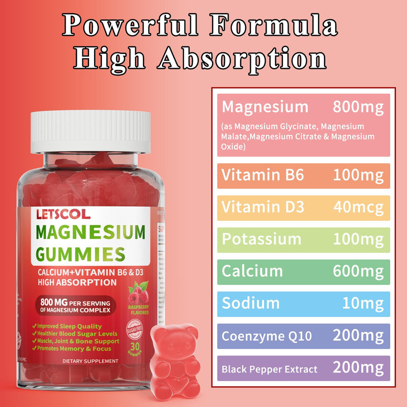 Magnesium Glycinate Gummies 800mg Per Serving, Sugar Free Magnesium Supplement with Magnesium Malate, Calcium, Vitamin D3, B6, CoQ10 for Calm Support & Zzz for Adults Kids Raspberry 30 Count (Pack of 1)