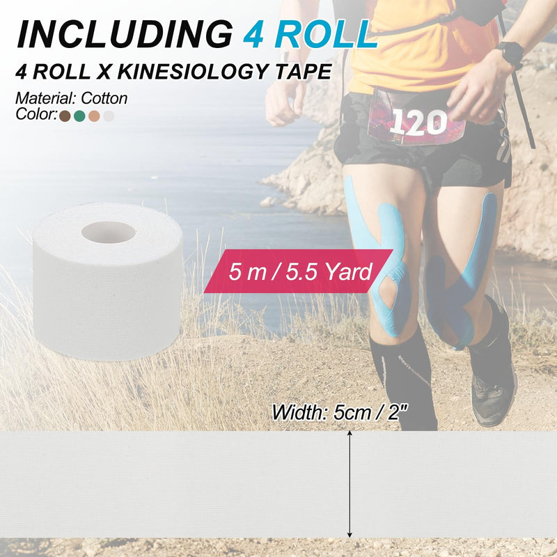 PATIKIL 5.5 Yard x 2 Inch Kinesiology Tape, 4 Roll Adhesive Cotton Sports Muscle Support Tapes Waterproof Elastic Tape for Knee Ankle Wrist Shoulder, Brown/White/Dark Green/Skin