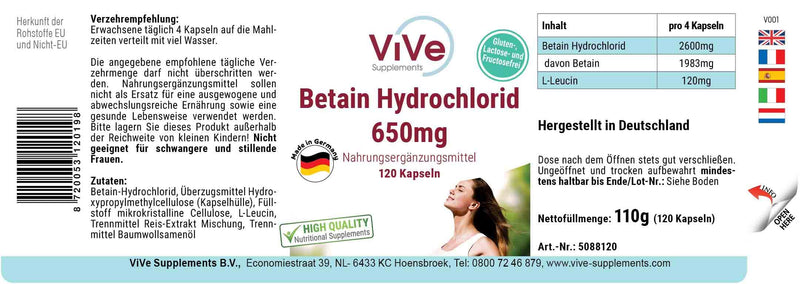 [Australia] - Betaine hydrochloride 650 mg - 120 capsules for 1 month - 76% betaine - high dosage and vegan | Quality from Germany from ViVe Supplements 