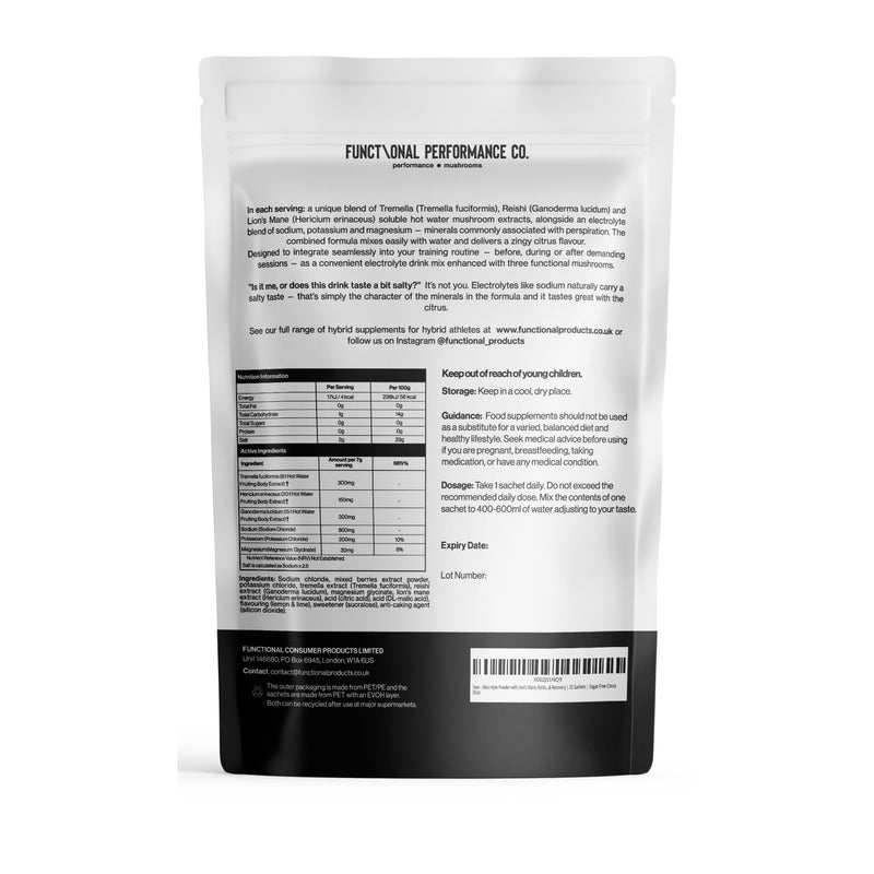 Electrolyte Powder with Lion’s Mane, Reishi & Tremella | 800mg Sodium + 200mg Potassium + 30mg Magnesium | Hydration, Focus & Recovery | 25 Sachets | Sugar Free Citrus Blast