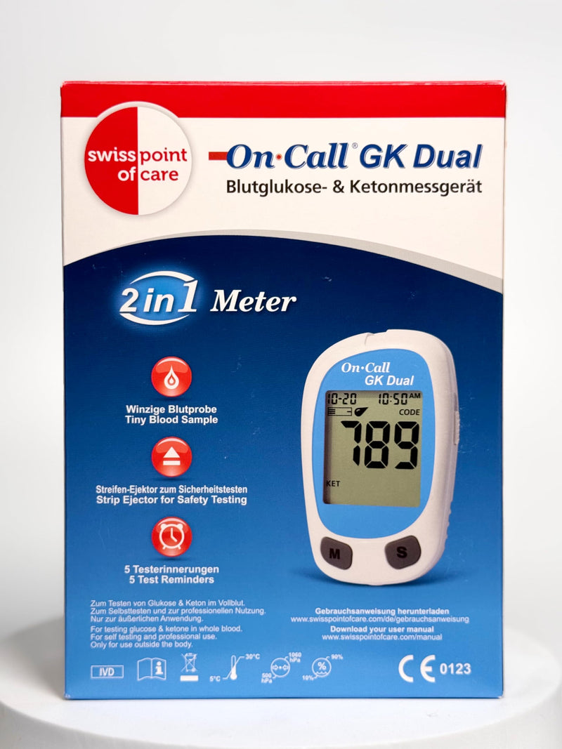 [Australia] - Swiss Point Of Care GK Dual Ketone Pack - 1x GK Dual measuring device (mmol/l) & 1x ketone test strips (25 pieces) in a set for ketone measurement Glucose test strips, lancets etc. NOT included in the set 
