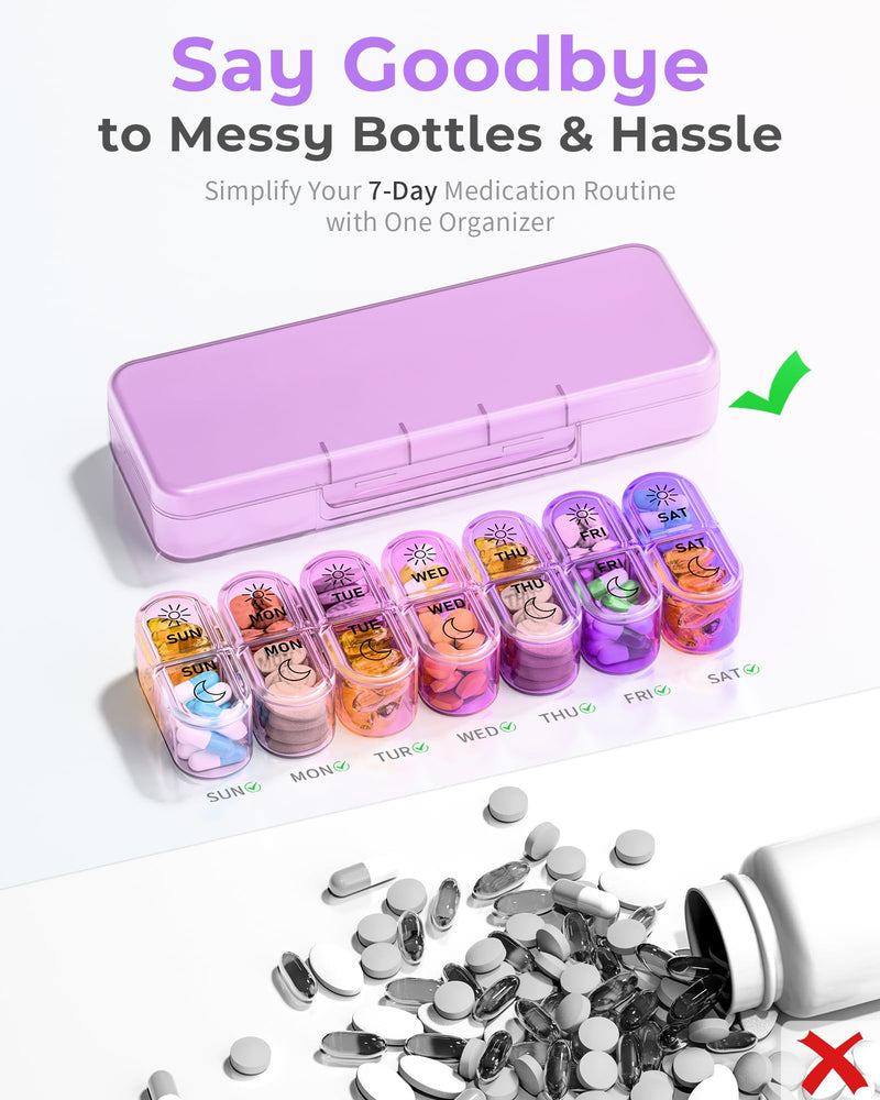 Pillex Pill Organizer, Am & Pm Pill Organizer 7 Days, Weekly Pill Case 2 Times a Day, Cute Pill Box 7 Day, Medicine Organizer for Travel, Vitamins, Fish Oils, Supplements (Gradient Pink-Purple) Gradient Pink-purple