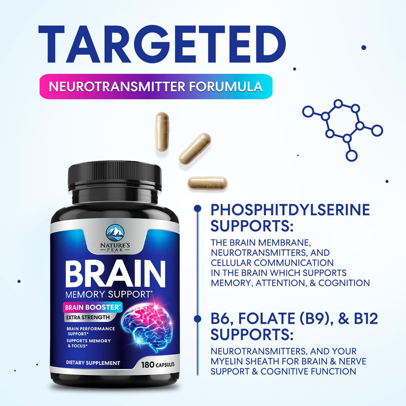 Brain Memory Supplement Pills - 3X Strength Nootropics for Concentration, Clarity & Focus Support - Brain Health Cognitive Vitamins B6 B12 with Folate & Phosphatidylserine, Brain Booster, 180 Capsules 180 Count (Pack of 1)