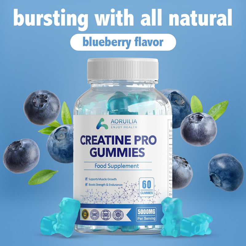 Creatine Gummies for Men & Women 5000mg 60 Chewable Creatine Monohydrate Gummies for Muscle Strength & Growth Sugar Free Pre-Workout Supplementm Vegans Gym (Blueberry Flavour) 60 count (Pack of 1)
