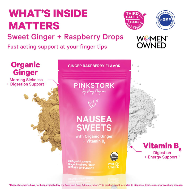 Pink Stork Organic Ginger Raspberry Sweets with Vitamin B6, 30 Candies | Morning Sickness & Motion Sickness, Added Ginger & Vitamin B6, 1st Trimester Pregnancy Must Haves, Wrapped Candies Raspberry Ginger