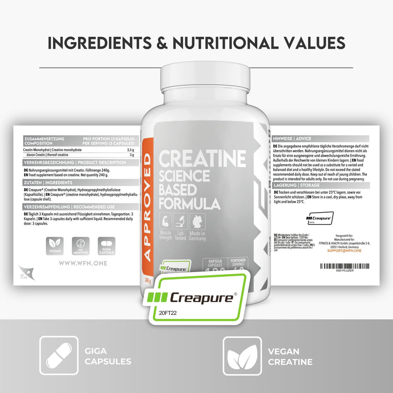 WFN Approved Creatine Creapure Capsules - 180 Giga Capsules (1000mg Creatine per Capsule) - Vegan Supplement - No additives - Produced & Tested in Germany 180 pcs - Capsules