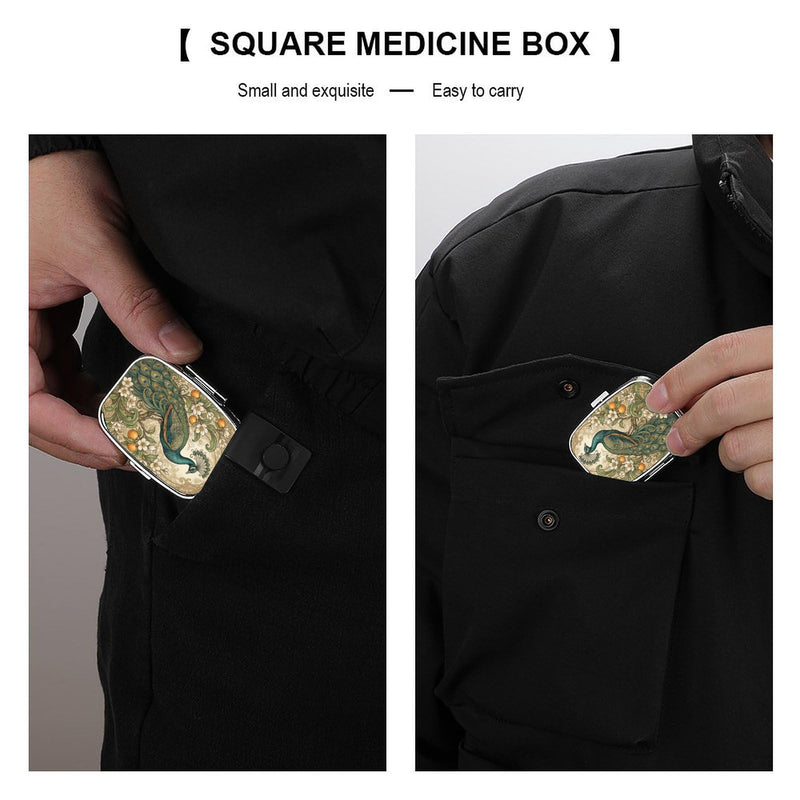 Metal 2 Compartment Pill Organizer Travel Friendly Portable Compact Pill Box Cute Pill Case,for Pocket Wallets Daily Portable Medicine Vitamin Tablet Storage (Beautiful Peacocks) Beautiful Peacocks