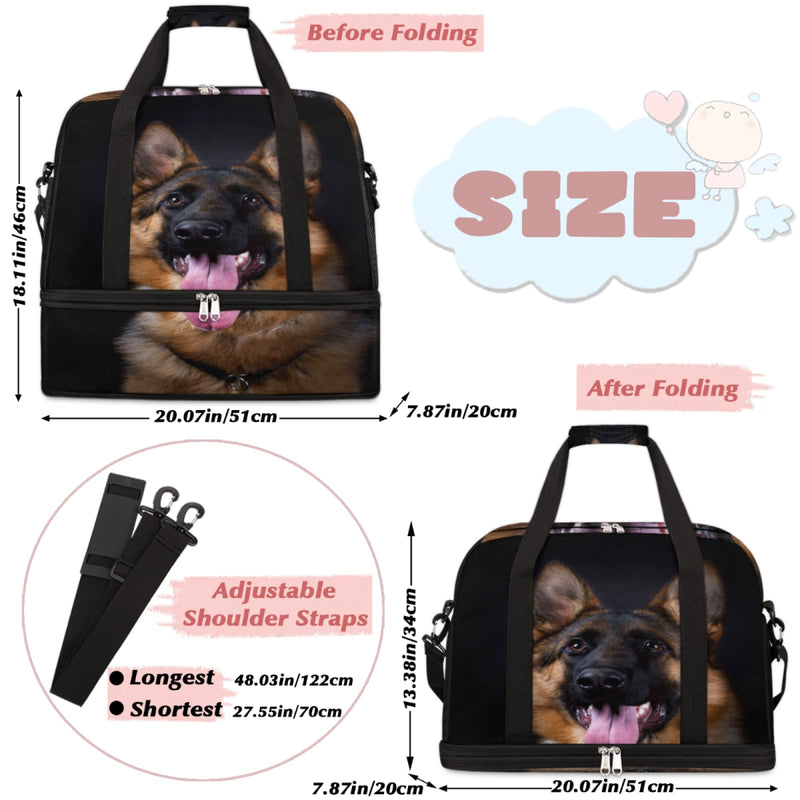 Dog German Shepherd Foldable Travel Duffel Bag Tote, Dog Animal Pattern Lightweight Luggage Sports Gym Bag with Shoes Compartment Weekender Overnight Bag for Women & Men Color 2