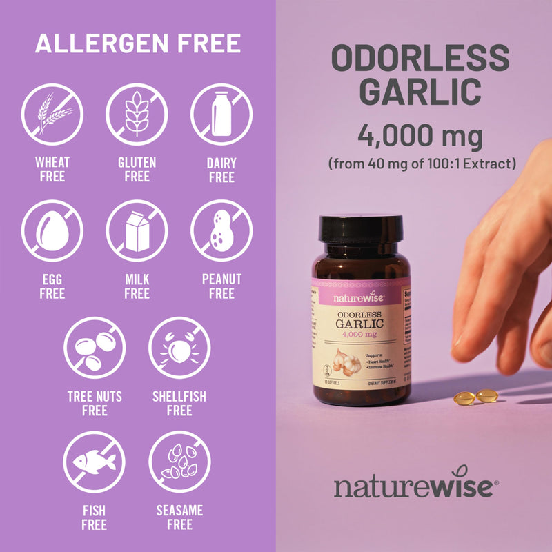 [Australia] - NatureWise Odorless Garlic Supplement 4000mg - Ultra Potent 100:1 Extract - Healthy Cholesterol Formula, Heart Health Support - Non-GMO, Gluten Free, with Halal Gelatin - 60 Count[30-Day Supply] 60 Count (Pack of 1) 