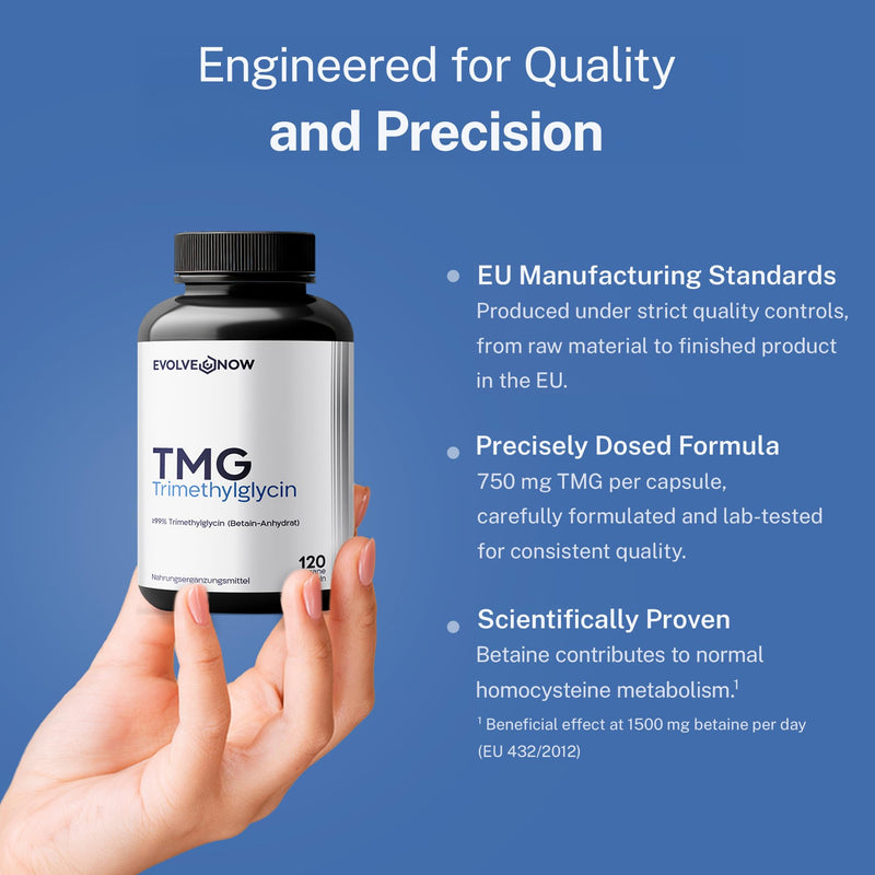 Evolve Now TMG Betaine – Trimethylglycine – 120 Vegan Capsules – 750 mg per Capsule – High-dose – Lab-Tested & No additives
