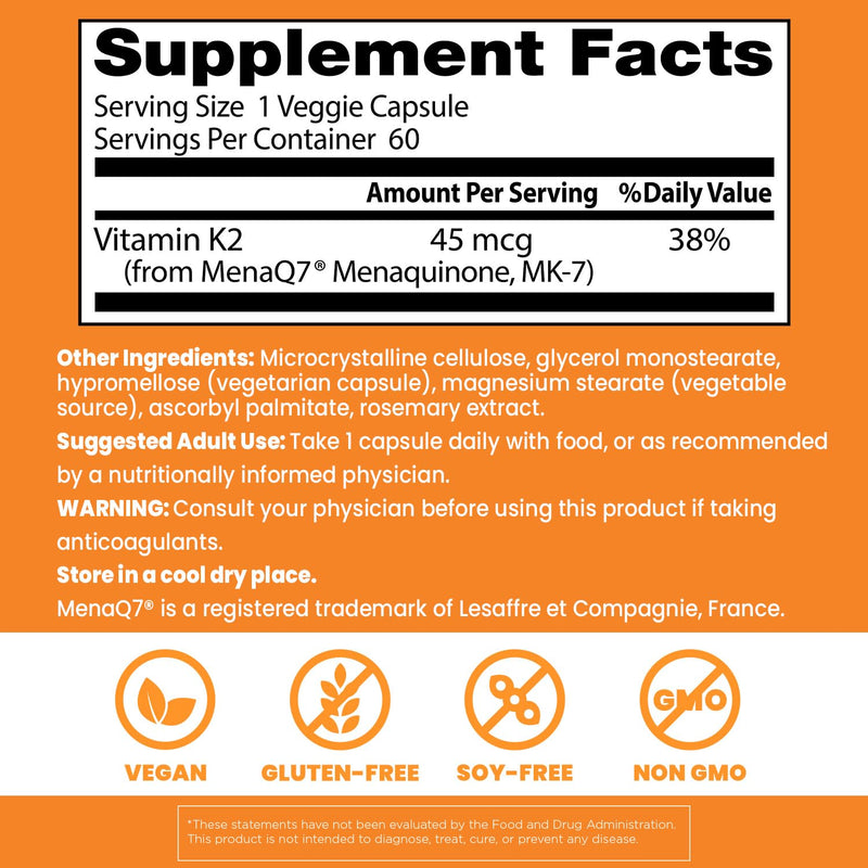 Doctor's Best Natural Vitamin K2 MK7 Supplement for Men & Women - Bone Health Support, 45 mcg Vitamin K-2 MK-7 Capsules with MenaQ7, Calcium Support, Non GMO, Vegan - 60 Veg Caps 60 Count (Pack of 1)