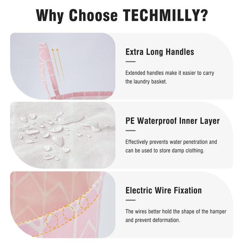 [Australia] - TECHMILLY Large Storage Basket for Girls and Boys, Collapsible Laundry Hamper with Long Handles, Toy Bins for Nursery, Kids Room Décor 1 Pack Pink Geometry 