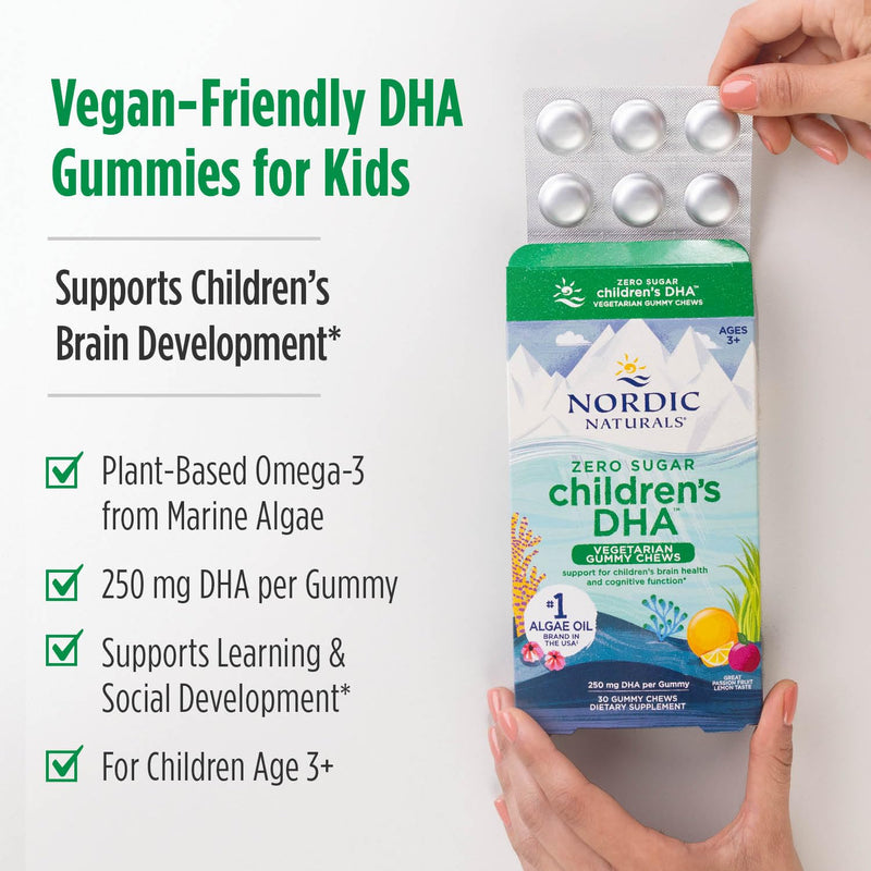 [Australia] - Nordic Naturals Zero Sugar Children’s DHA Vegetarian Gummy Chews - Passion Fruit Lemon Flavor - 30 Gummies - Vegan Algae Oil Omega-3 Supplement for Kids Brain & Cognition Support - 30 Servings 