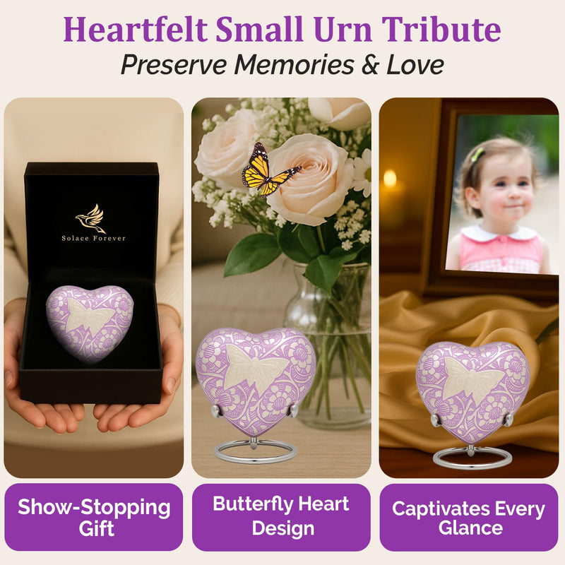[Australia] - Small Urn for Ashes for Women/Men ‚Äì Butterfly Heart Urns ‚Äì Keepsake Urn for Baby Girl/Boy Ashes with Stand, Velvet Bag & Box ‚Äì A Loving Tribute to Honor Your Little Angel Forever (Purple, Small) Purple 