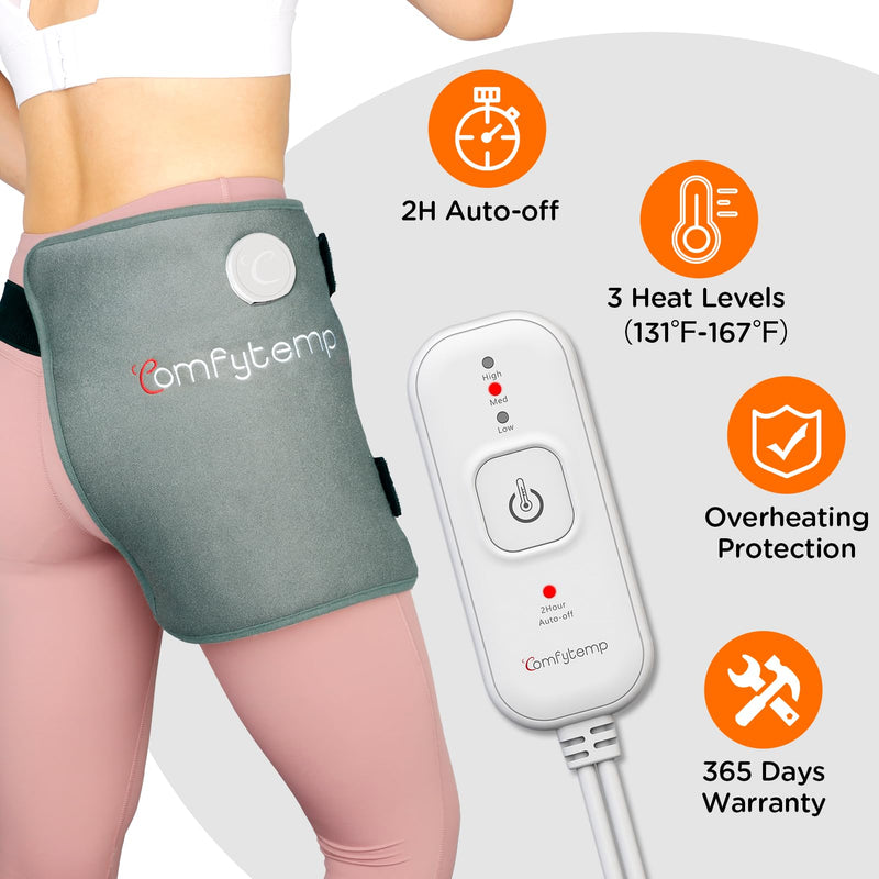 Comfytemp Hip Heating Pad Hip Brace, Electric Heat Pad, FSA Eligible, (S/M) | HSA Approved, Birthday Gifts for Mom Women Dad Men, Heating Pad for Lower Back, Legs, Thigh Buttock, Machine Washable, Grey Gray Medium
