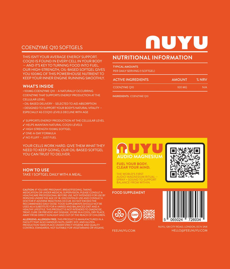 NUYU Coenzyme Q10 100mg Softgels. Supplement to Support Energy Production. One-a-Day, 2 Month Supply. Made in The UK.