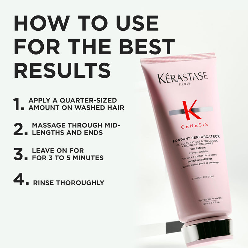 "Kerastase Genesis Strengthening Fondant Renforcateur Conditioner - For Normal To Dry Hair, Gently Cleanses & Helps Reduce Hair Fall, For Weak or Damaged Hair, Strengthens, Detangles & Hydrates 6.8 Fl Oz (Pack of 1)