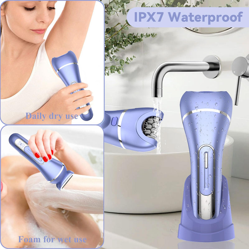 [Australia] - Epilator for Women, 7 in 1 Replaceable Hair Removal & Massager & Cleaner Devices, Bikini Trimmer, Face Massage, Face Exfoliating Brush, Foot Callus Remover, IPX7 Waterproof Razors (Purple) Purple 